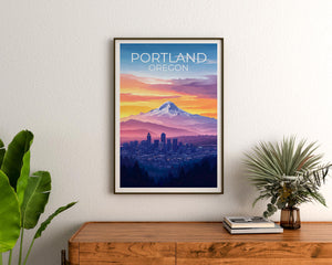 Portland Oregon Poster: Mt. Hood Skyline at Sunset