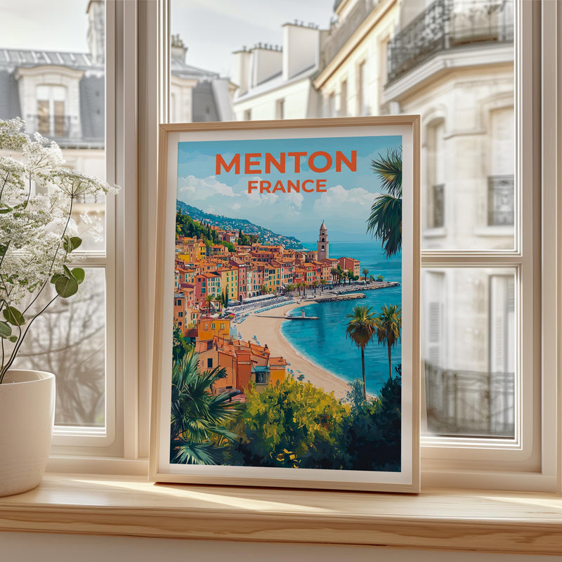 Menton France Poster – Riviera Hillside & Beach Print