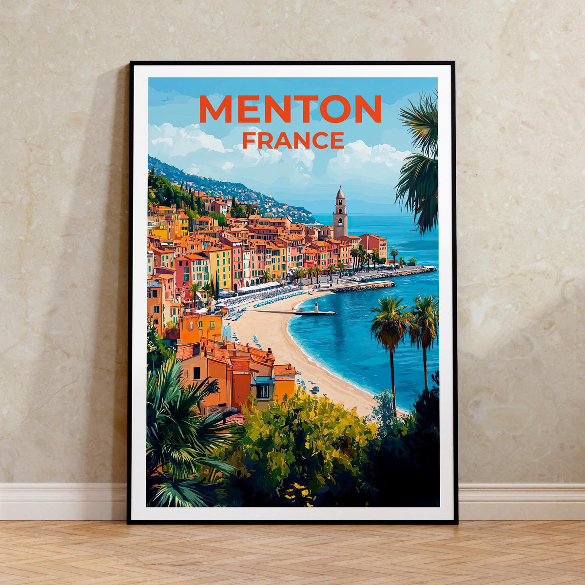 Menton France Poster – Riviera Hillside & Beach Print