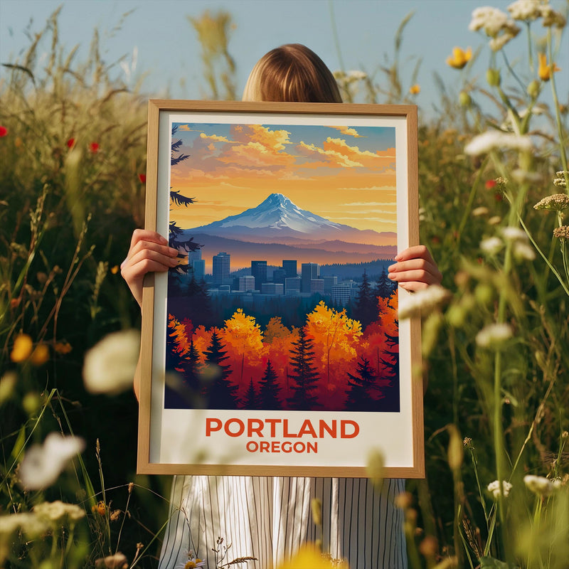 Portland Skyline Autumn Print - Oregon Mount Hood Art