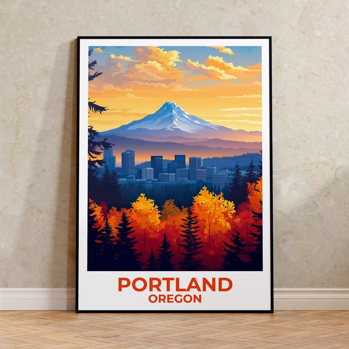 Portland Skyline Autumn Print - Oregon Mount Hood Art