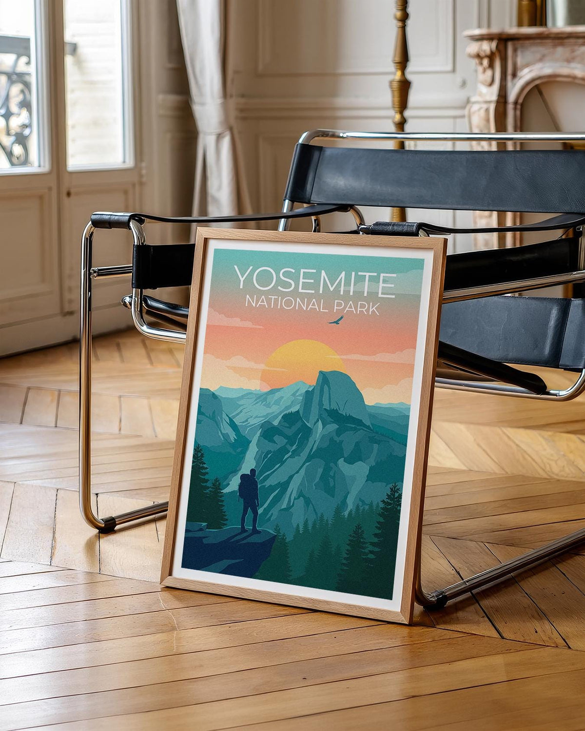 Yosemite Poster - Half Dome Sunset Hiker Illustration