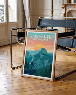 Yosemite Poster - Half Dome Sunset Hiker Illustration