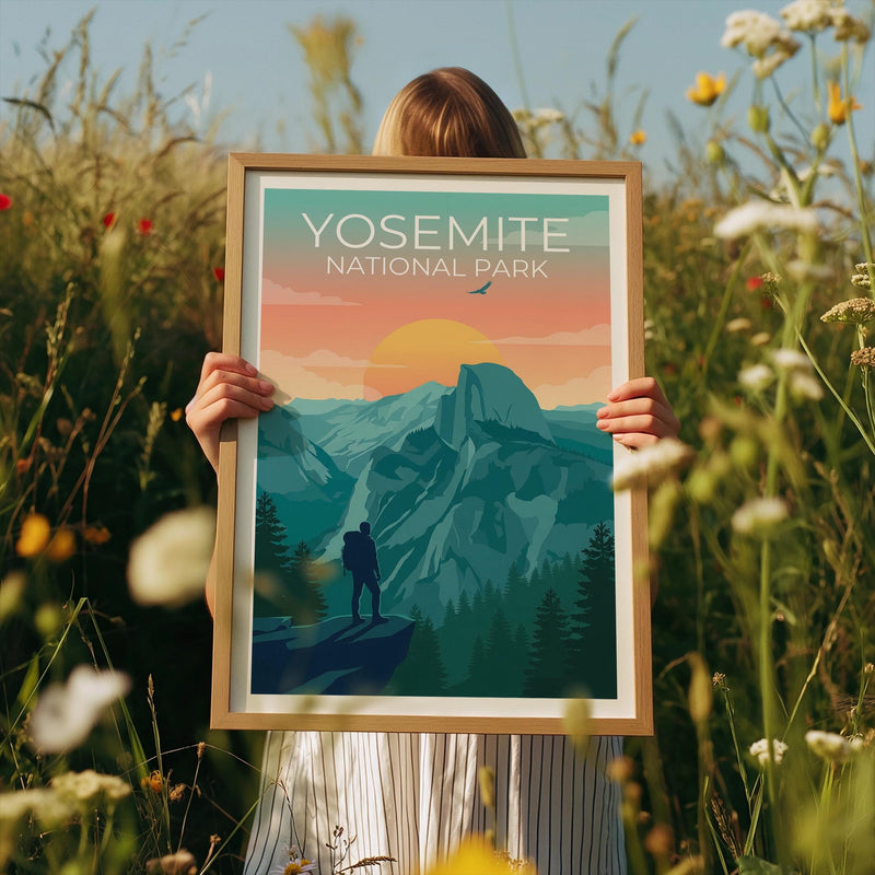 Yosemite Poster - Half Dome Sunset Hiker Illustration