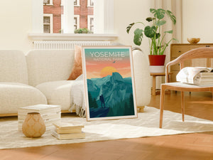 Yosemite Poster - Half Dome Sunset Hiker Illustration