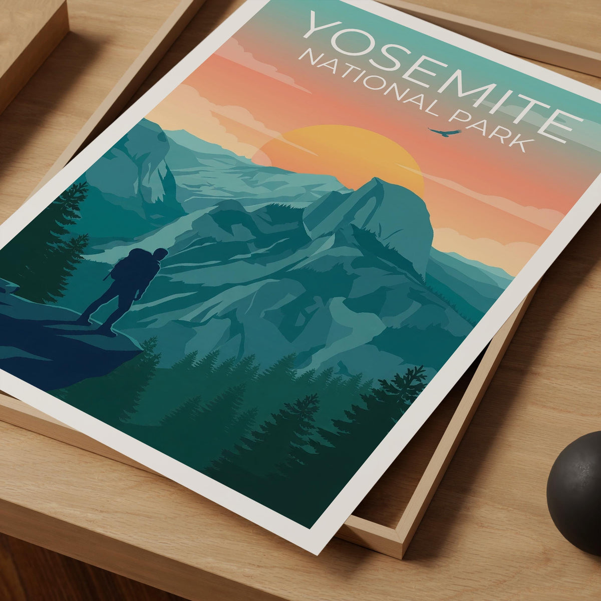 Yosemite Poster - Half Dome Sunset Hiker Illustration