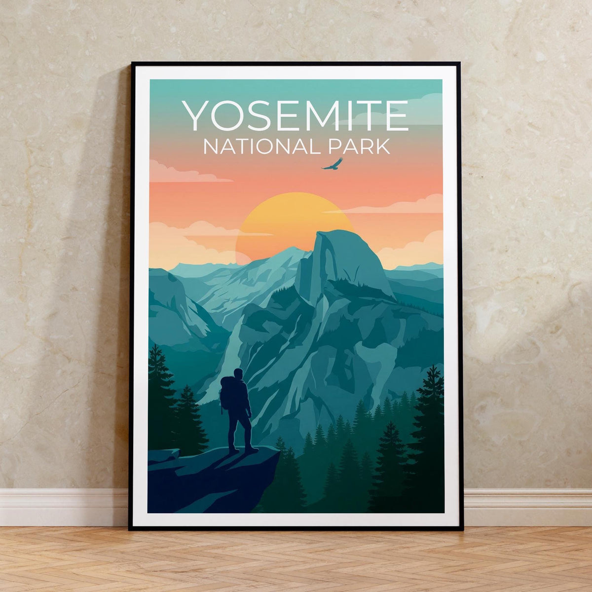 Yosemite Poster - Half Dome Sunset Hiker Illustration