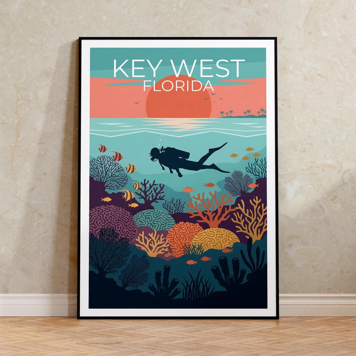 Key West Poster, Coral Reef Diver & Florida Sunset