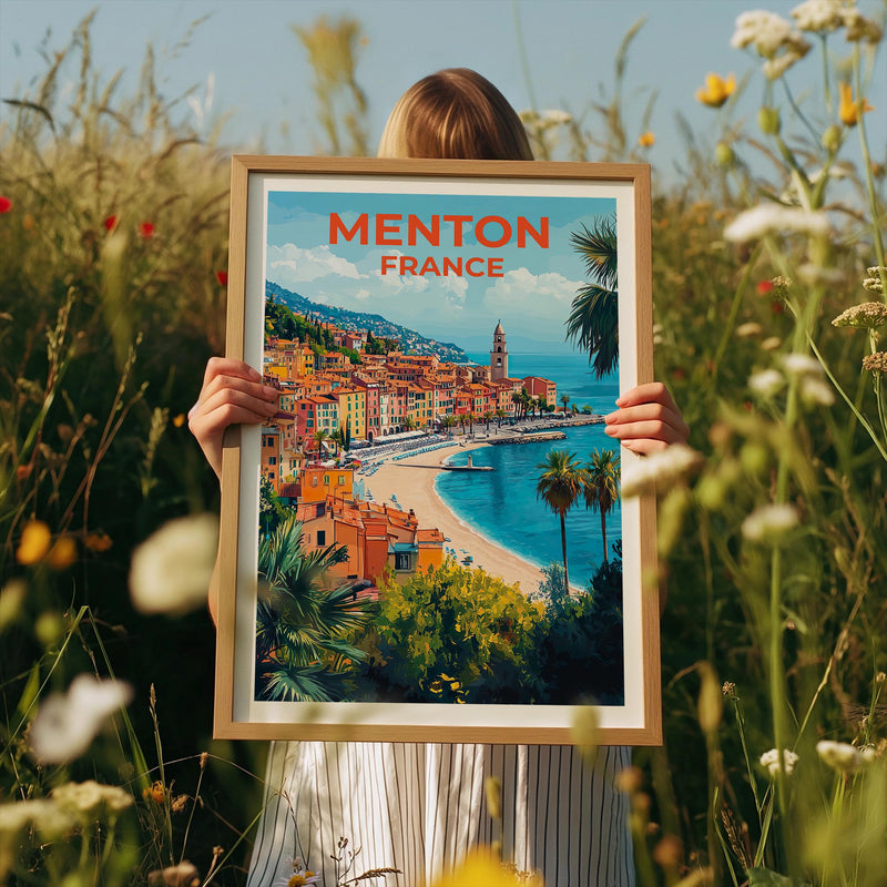 Menton France Poster – Riviera Hillside & Beach Print
