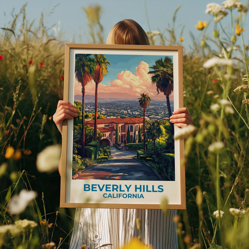 Beverly Hills Poster — California Mansion & LA Skyline