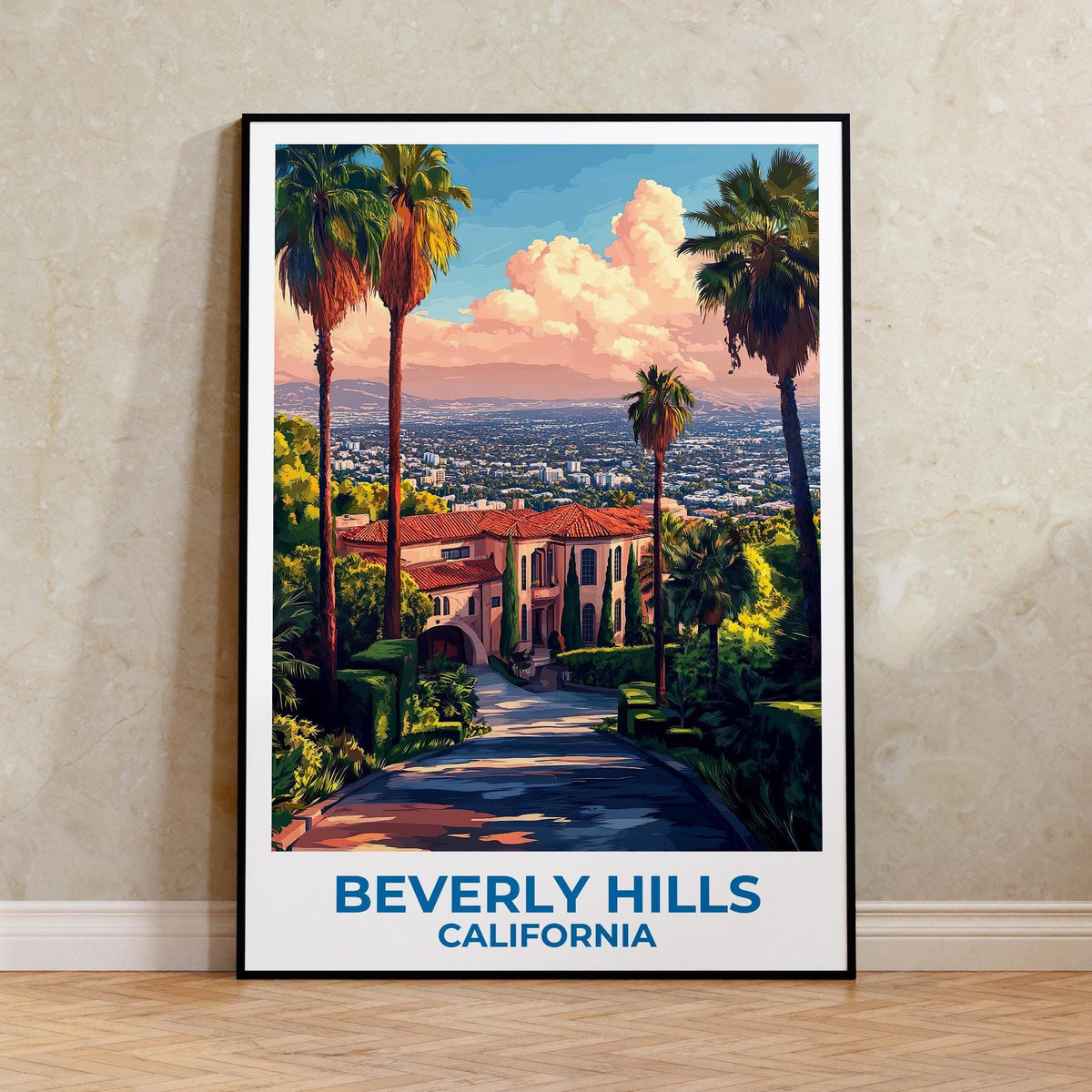 Beverly Hills Poster — California Mansion & LA Skyline