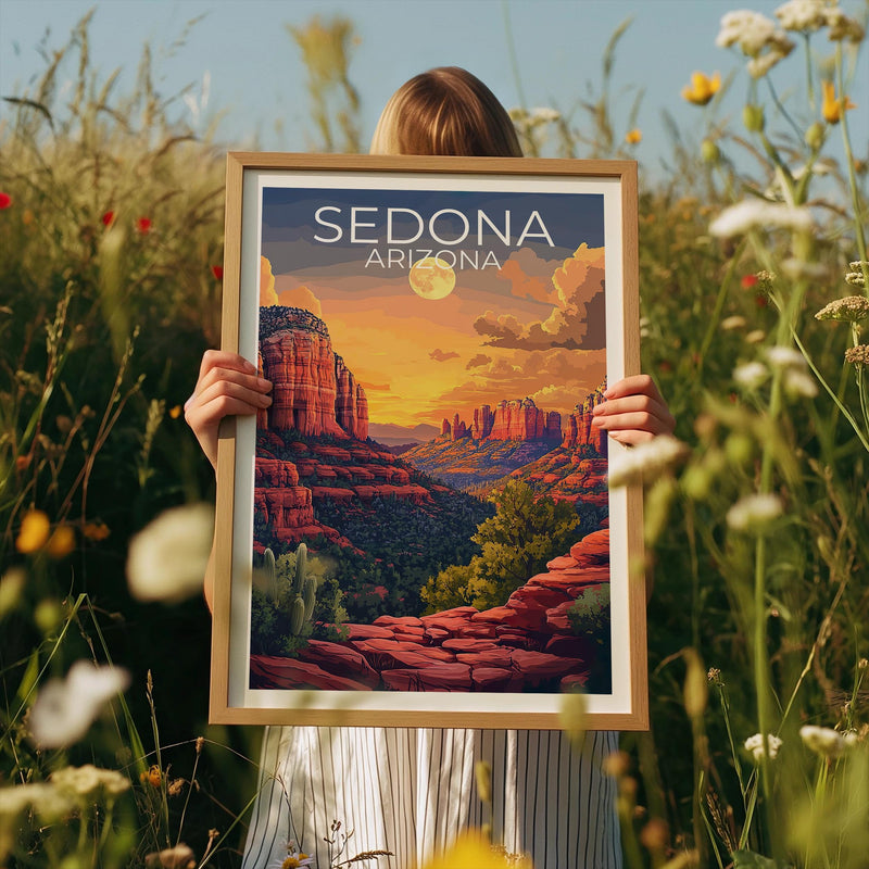 Sedona Arizona Poster, Red Rock Cliffs Full Moon Print