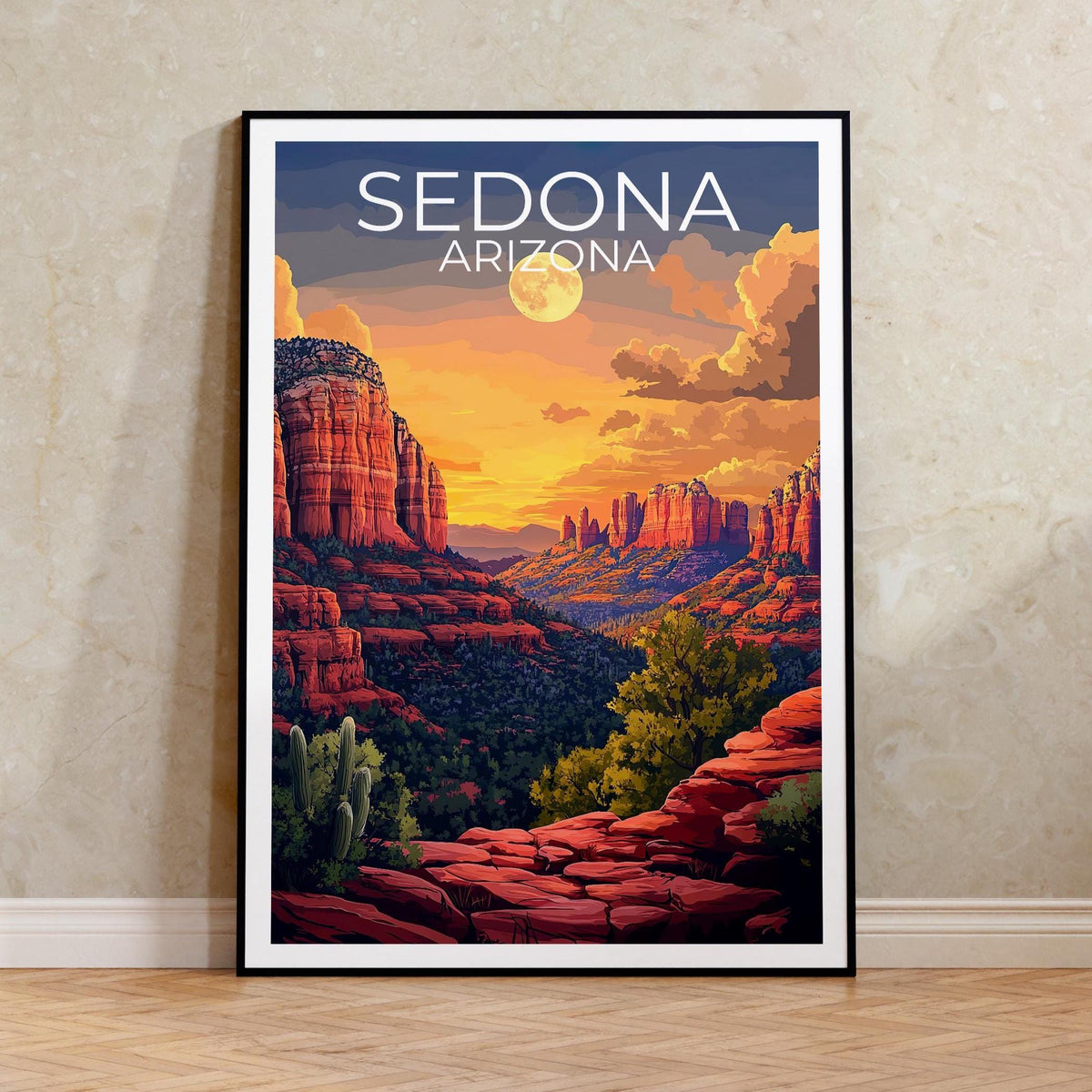 Sedona Arizona Poster, Red Rock Cliffs Full Moon Print