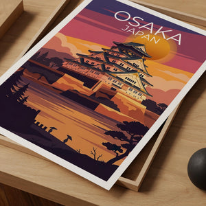 Osaka Castle Poster, Japan Sunset Architecture Print