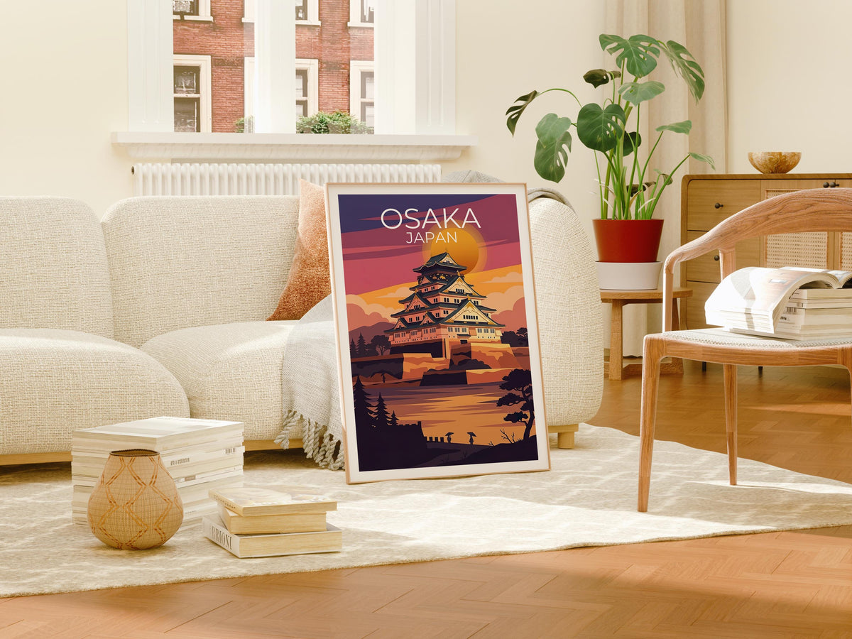 Osaka Castle Poster, Japan Sunset Architecture Print