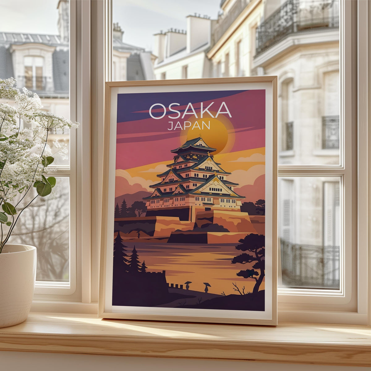 Osaka Castle Poster, Japan Sunset Architecture Print