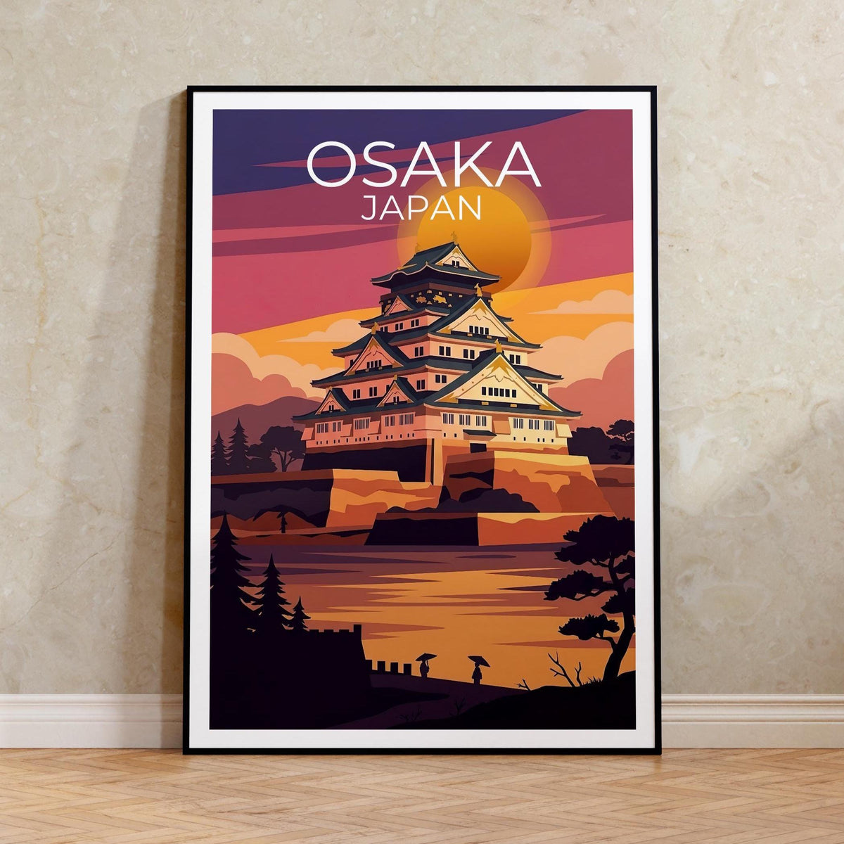 Osaka Castle Poster, Japan Sunset Architecture Print
