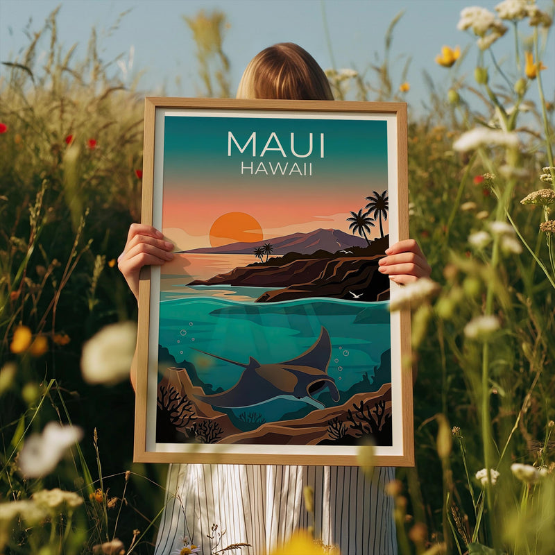 Maui Hawaii Poster: Manta Ray Underwater Sunset