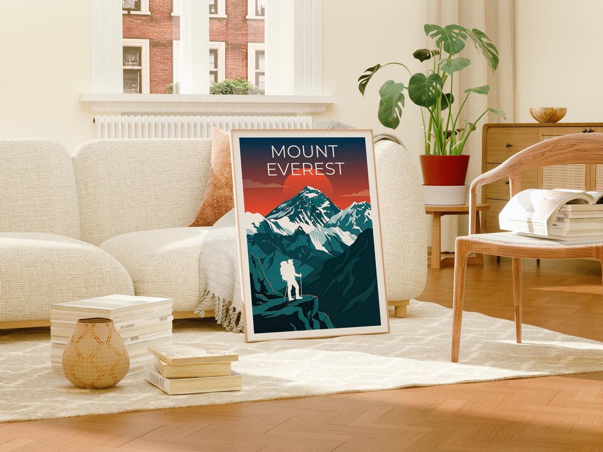 Mount Everest Sunset Poster, Hiker and Himalayan Peak
