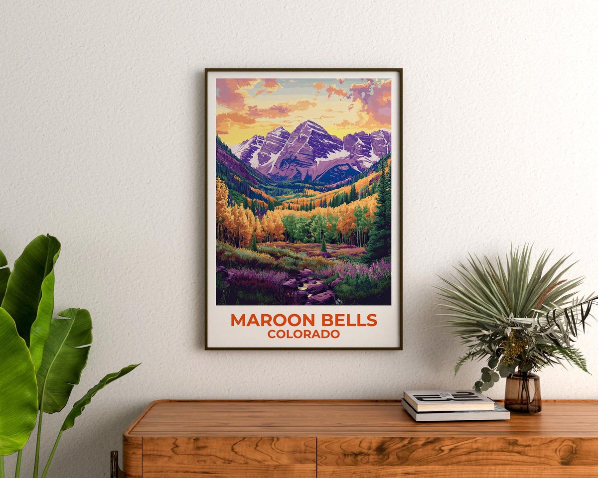 Maroon Bells Colorado Poster, Autumn Aspen Forest Print