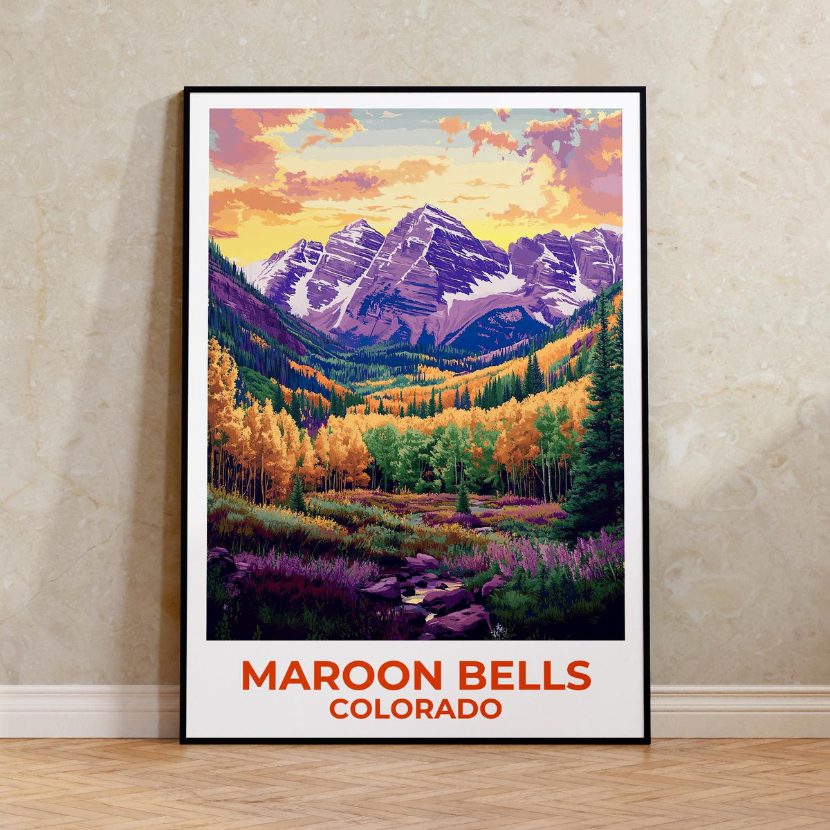 Maroon Bells Colorado Poster, Autumn Aspen Forest Print