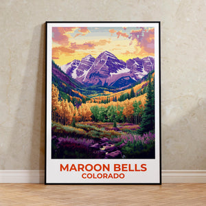 Maroon Bells Colorado Poster, Autumn Aspen Forest Print