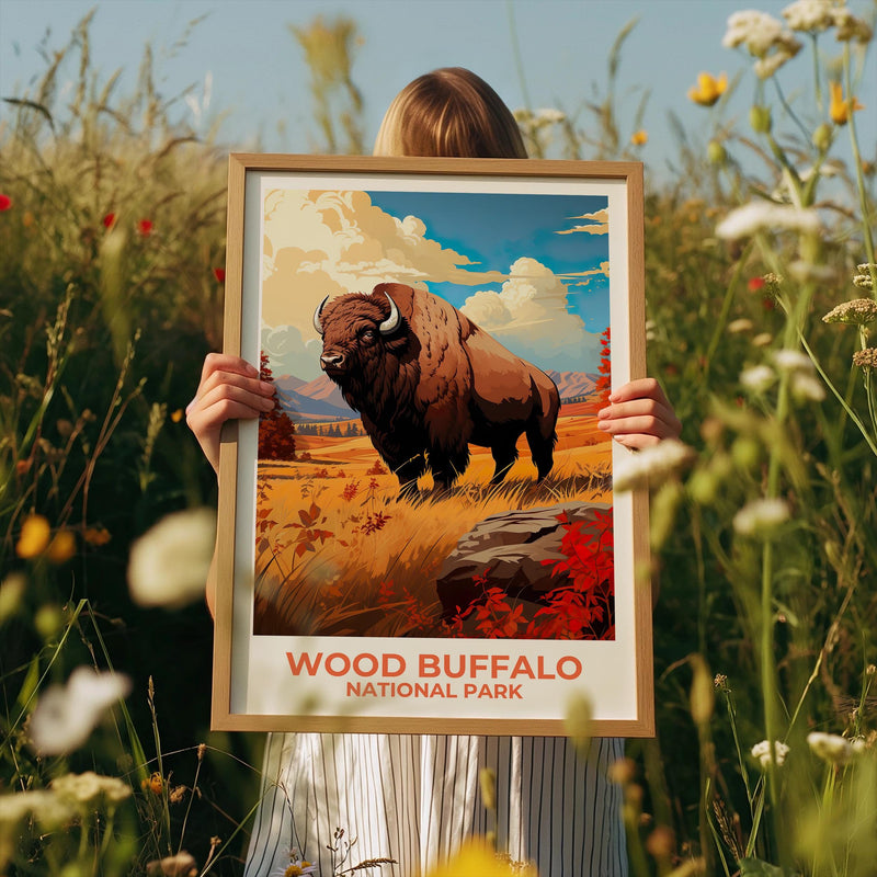 Wood Buffalo National Park Poster — Bison in Autumn Grass