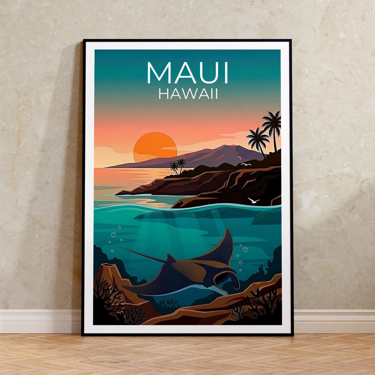 Maui Hawaii Poster: Manta Ray Underwater Sunset