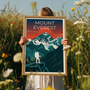 Mount Everest Sunset Poster, Hiker and Himalayan Peak