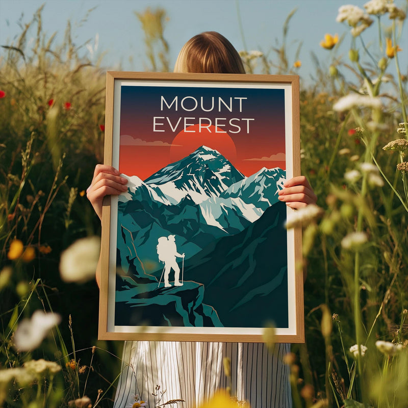 Mount Everest Sunset Poster, Hiker and Himalayan Peak