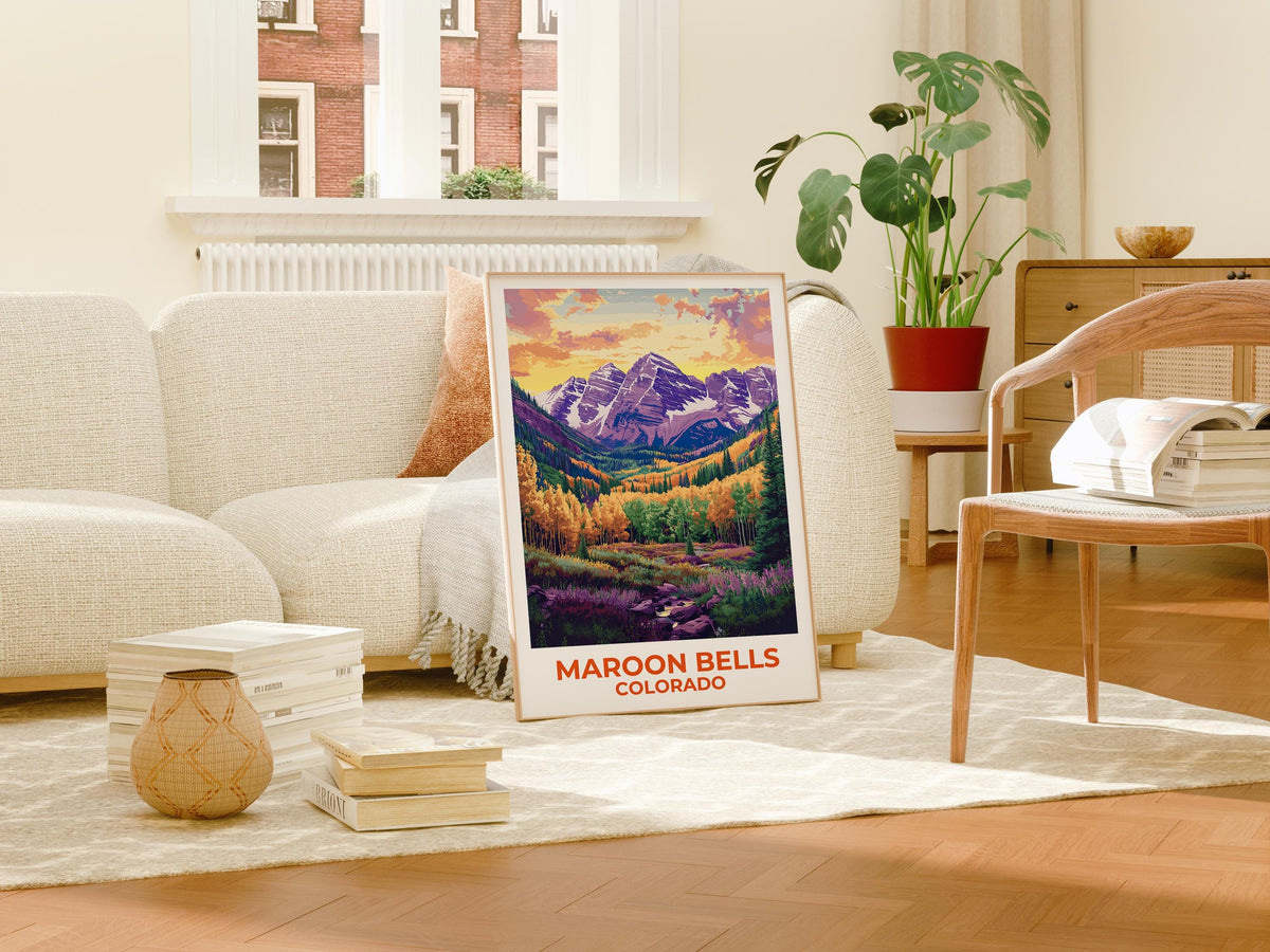Maroon Bells Colorado Poster, Autumn Aspen Forest Print
