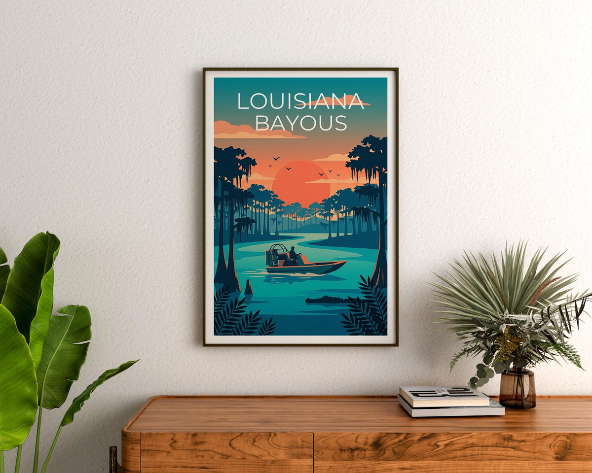 Louisiana Bayou Print, Airboat Swamp Scene Poster Art