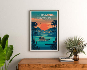 Louisiana Bayou Print, Airboat Swamp Scene Poster Art