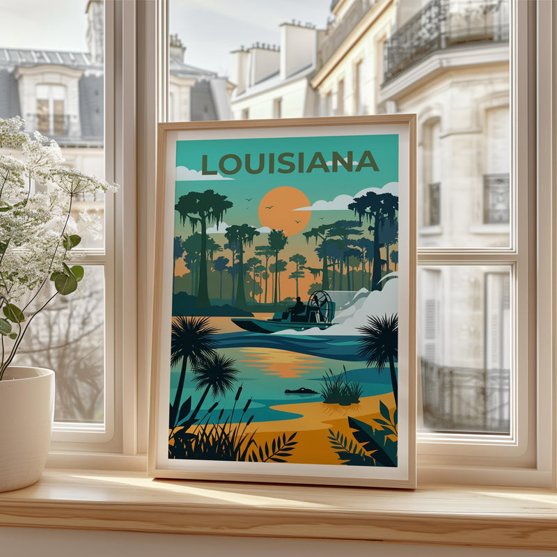 Louisiana Bayou Poster — Airboat Sunset Swamp Art Print