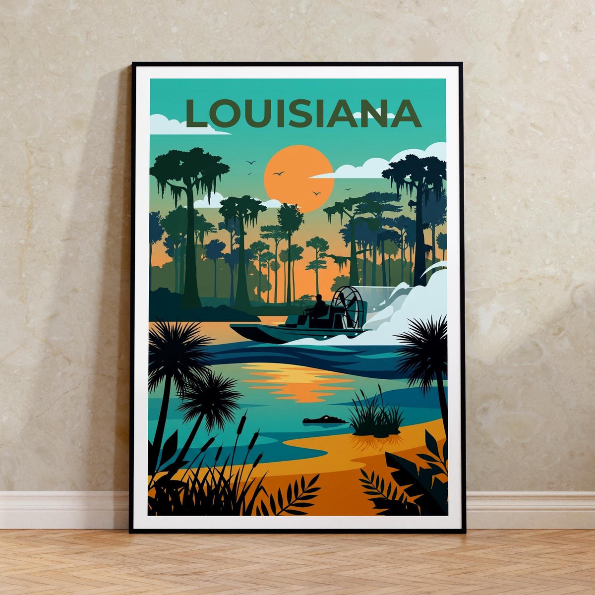 Louisiana Bayou Poster — Airboat Sunset Swamp Art Print