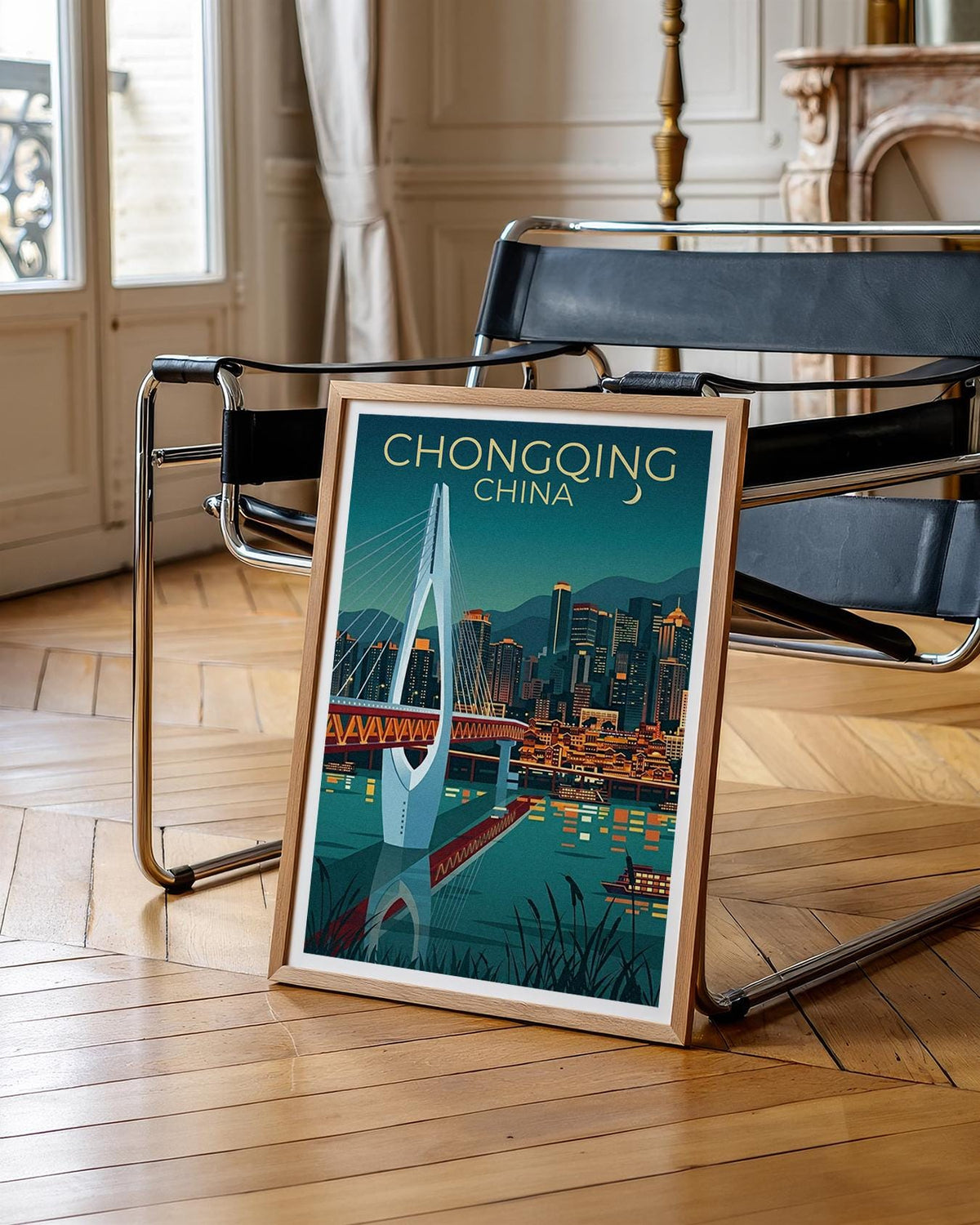 Chongqing China Poster – Cable-Stayed Bridge at Night