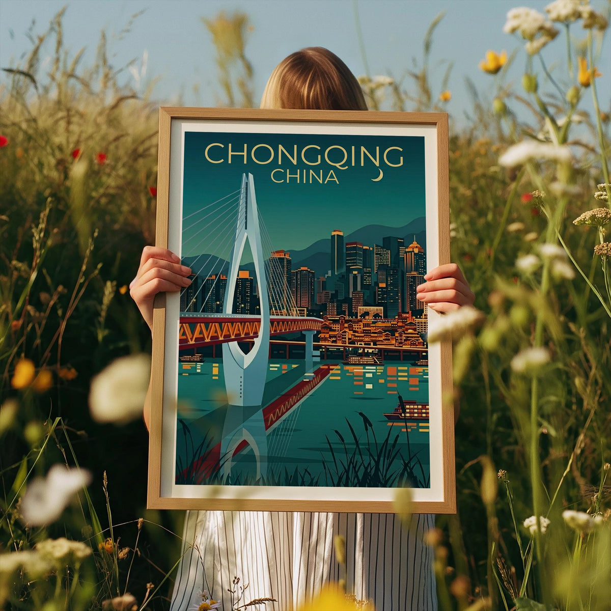 Chongqing China Poster – Cable-Stayed Bridge at Night