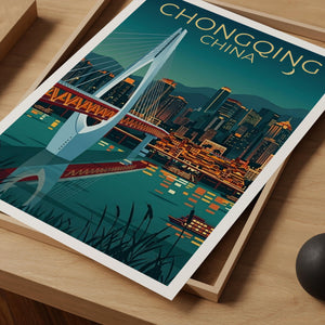 Chongqing China Poster – Cable-Stayed Bridge at Night