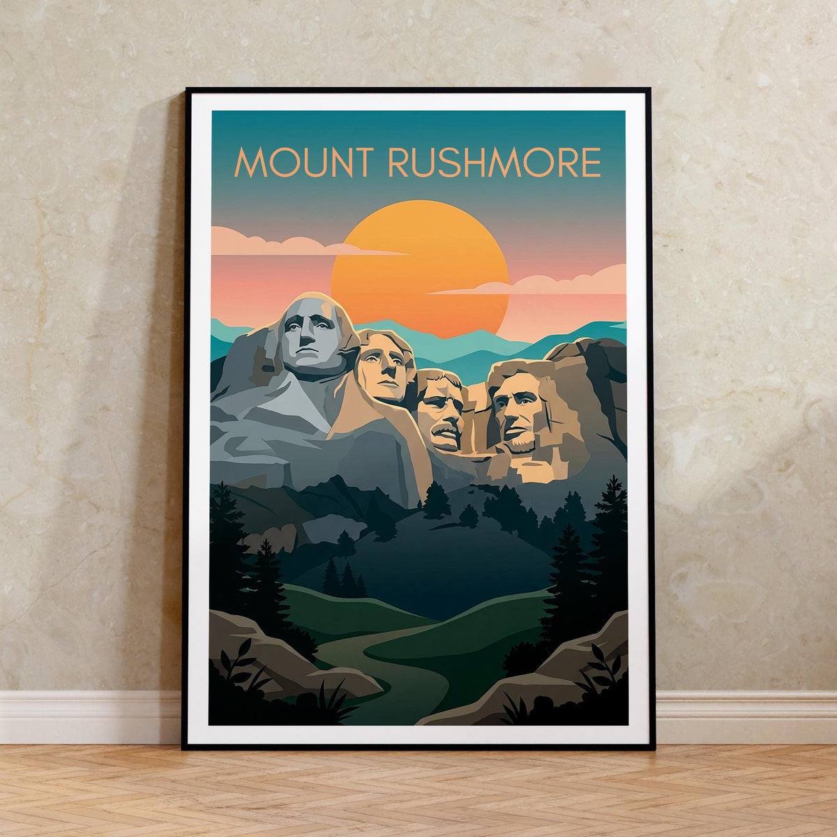 Mount Rushmore Poster, Sunset Monument Illustration Print