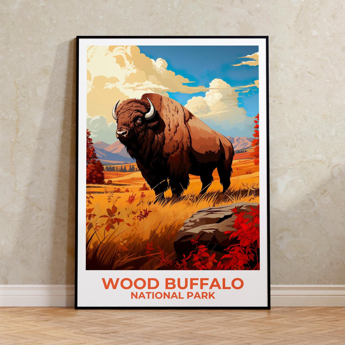 Wood Buffalo National Park Poster — Bison in Autumn Grass