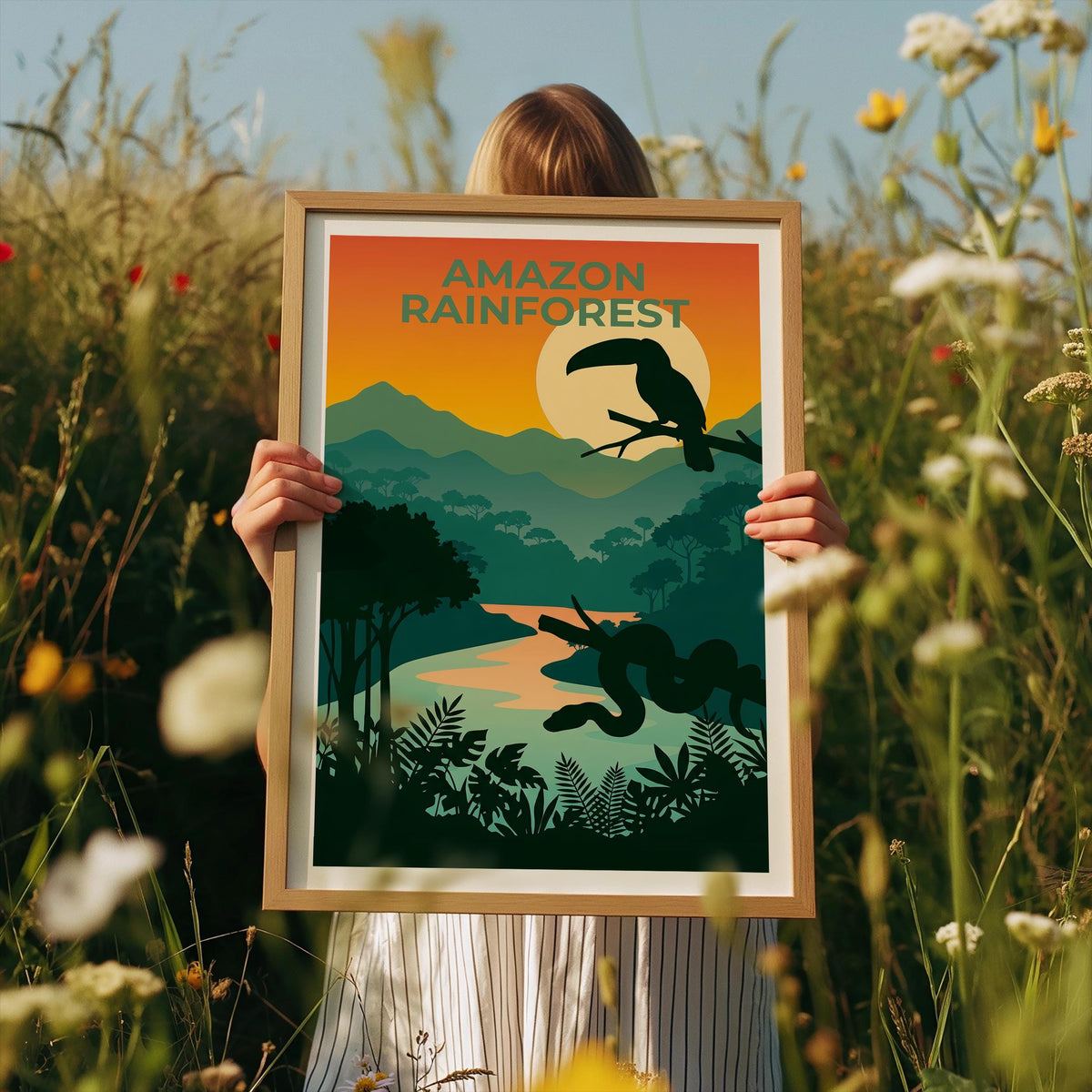 Amazon Rainforest Poster — Toucan Sunset River Illustration