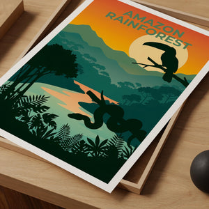 Amazon Rainforest Poster — Toucan Sunset River Illustration