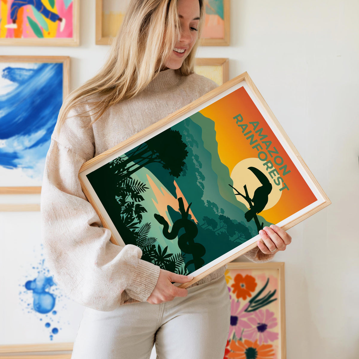 Amazon Rainforest Poster — Toucan Sunset River Illustration