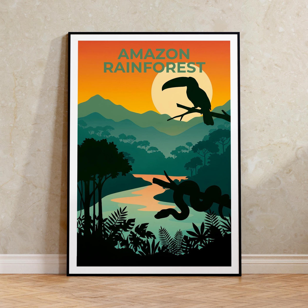 Amazon Rainforest Poster — Toucan Sunset River Illustration