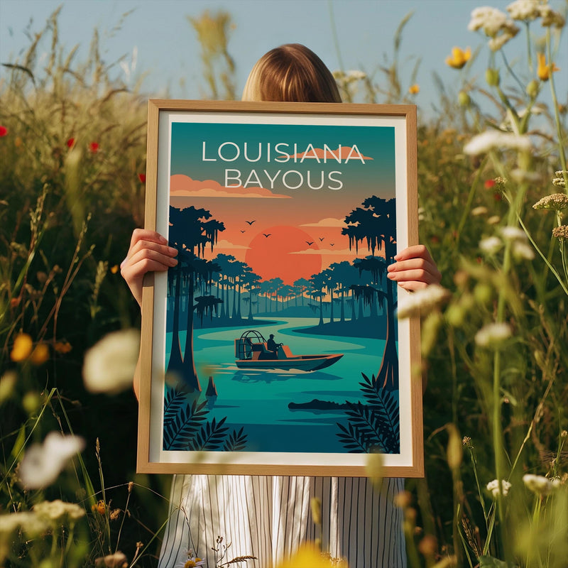 Louisiana Bayou Print, Airboat Swamp Scene Poster Art