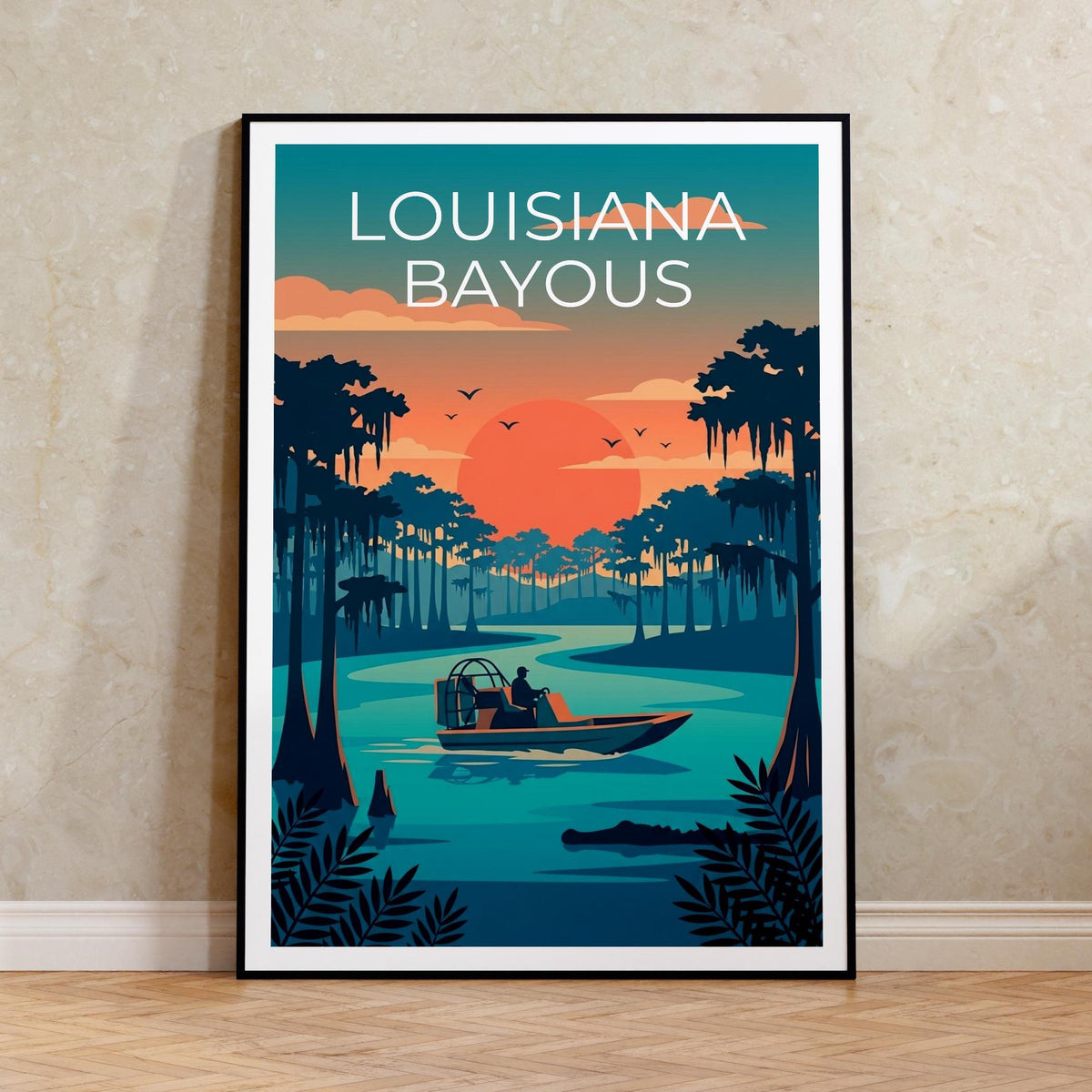 Louisiana Bayou Print, Airboat Swamp Scene Poster Art