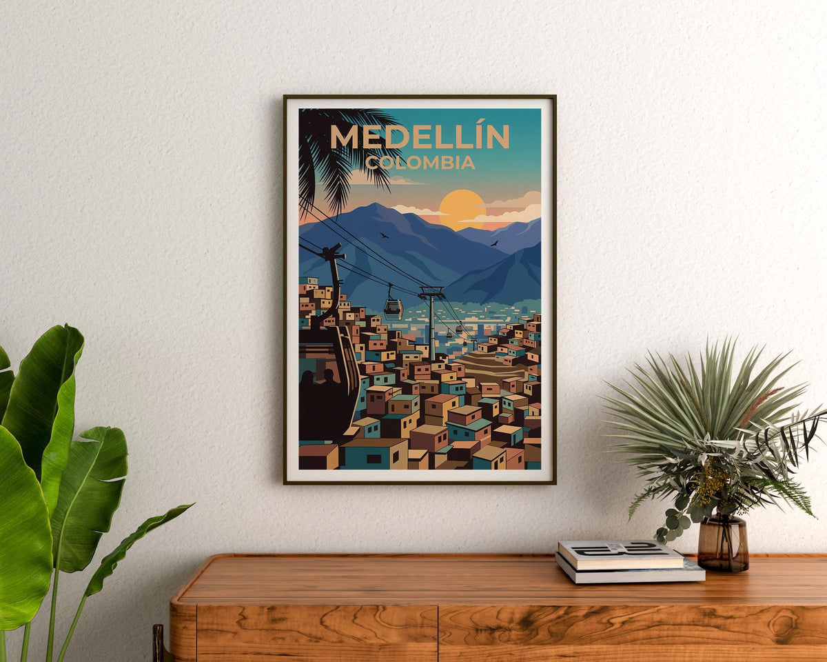 Medellín Colombia Poster — Metrocable Over Colorful Barrios
