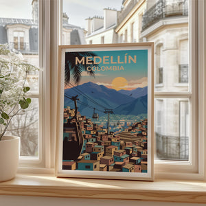 Medellín Colombia Poster — Metrocable Over Colorful Barrios