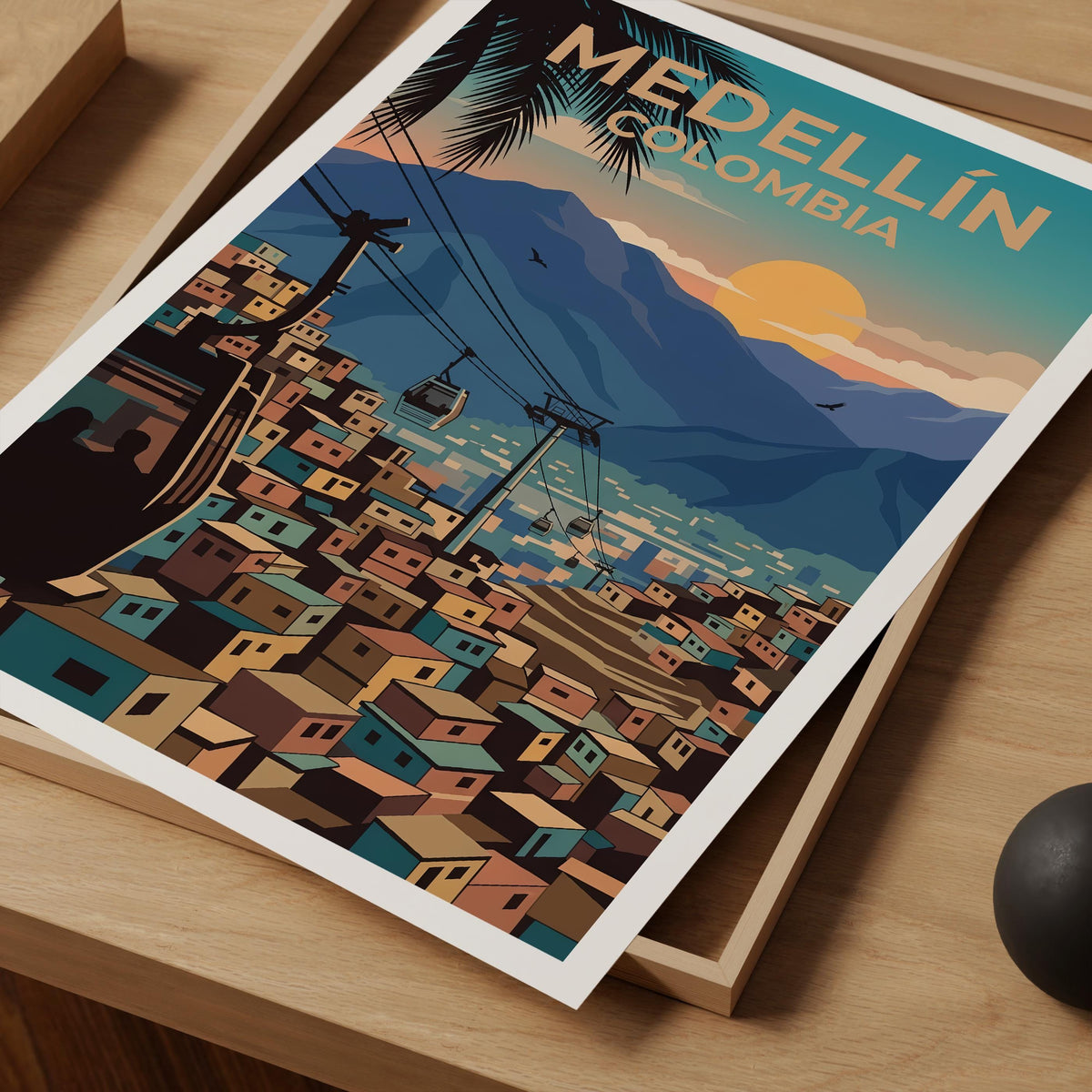 Medellín Colombia Poster — Metrocable Over Colorful Barrios