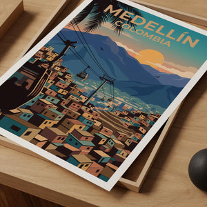 Medellín Colombia Poster — Metrocable Over Colorful Barrios